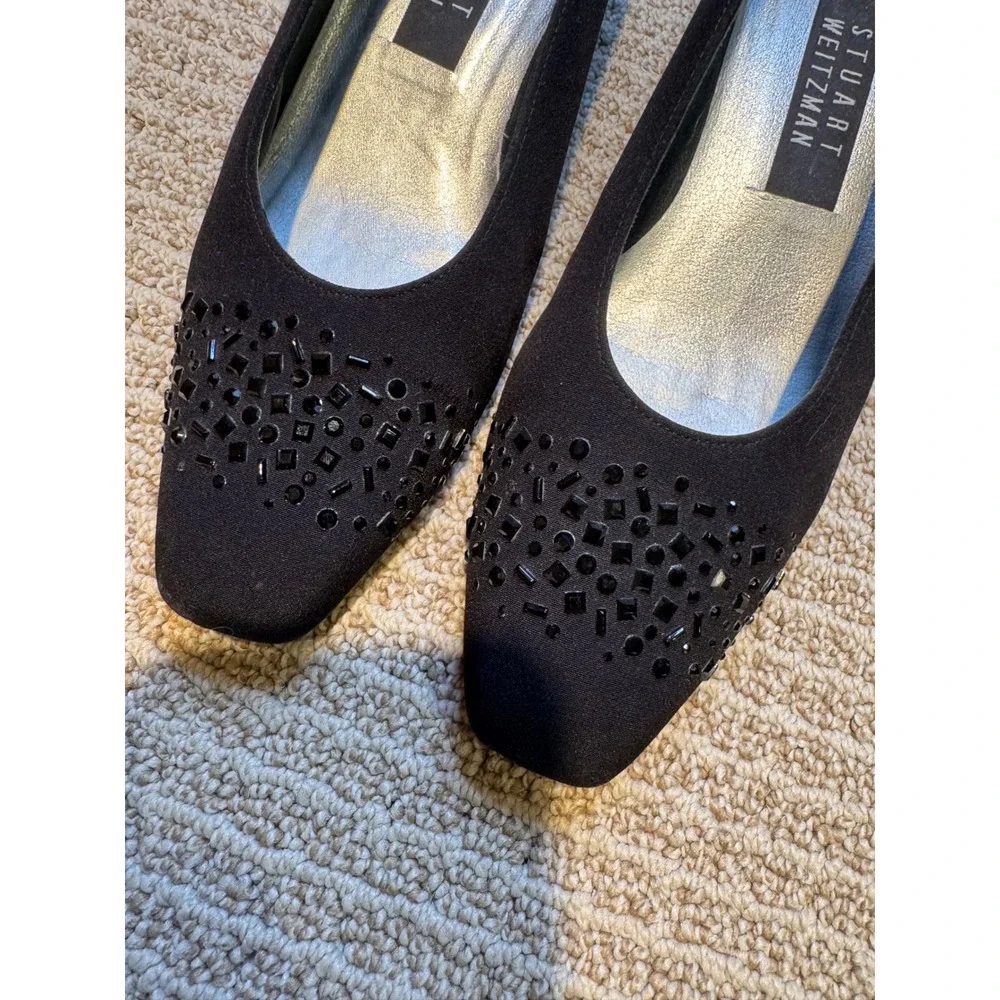 Stuart‎ Weitzman Black Satin Embellished Toe Pumps Heels Womens 8B Square Toe